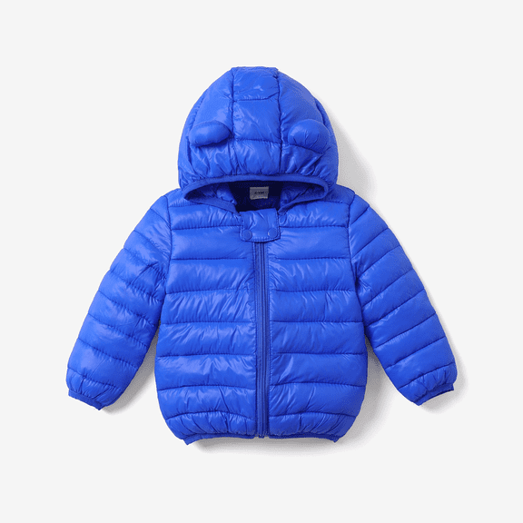 PatPat Manteau pour Bébé Manteaux d'Hiver pour Tout-Petits Garçons Filles Vestes Stylées à Capuche Unies avec Imprimé Oreilles 3D, Bleu, 3T