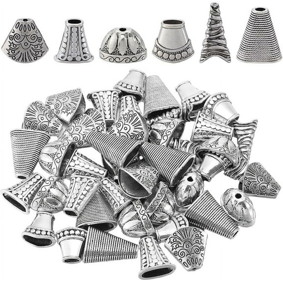48Pcs 6 Styles Cone Bead Caps Spacer Bead Caps Alloy Antique Silver Tibetan Flower Cones Caps Tassel End Beadings Findings for Jewelry Making DIY Bracelet Necklace Earrings Supply Accessories