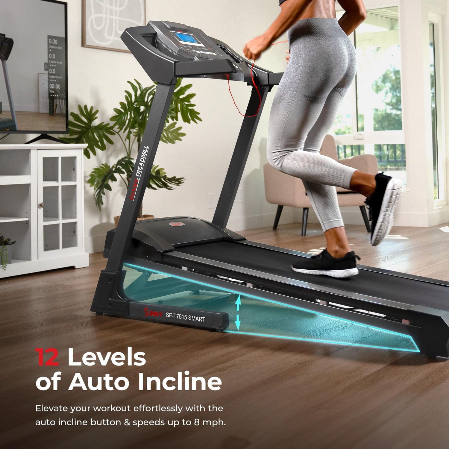 Sunny Health & Fitness Premium Smart Treadmill with Auto Incline, Dedicated Speed Buttons, Double Deck Technology, Digital Performance Display, BMI Calculator and Pulse Sensors - SF-T7515SMART