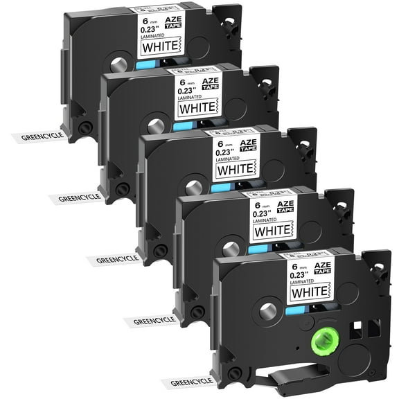 GREENCYCLE 5PK Compatible for Brother P-touch Black on White 6mm TZ TZe TZe-211 TZ-211 TZe211 TZ211 Laminated Label Tape