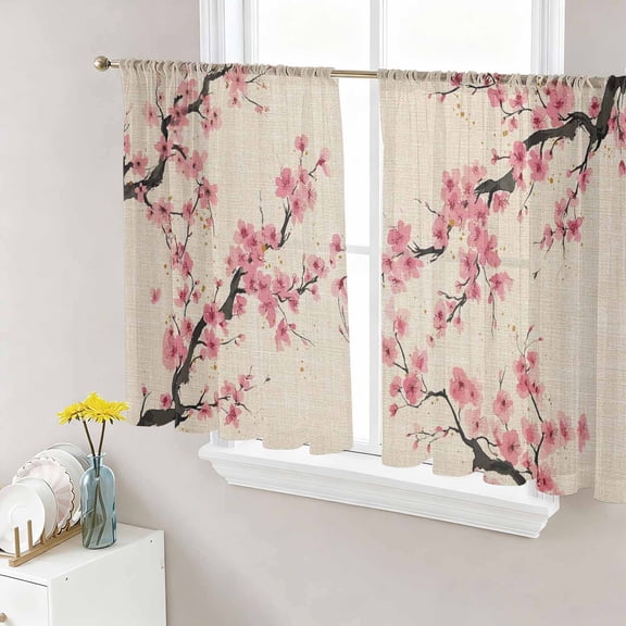 Spring Flowers Sheer Curtains 45 Inch Length 2 Panels Set Window Treatments, Country Pink Peach Blossoms Botanical Floral Rod Pocket Semi Curtains for Living Room/Bedroom/Kitchen Décor, 104"W x 45"L
