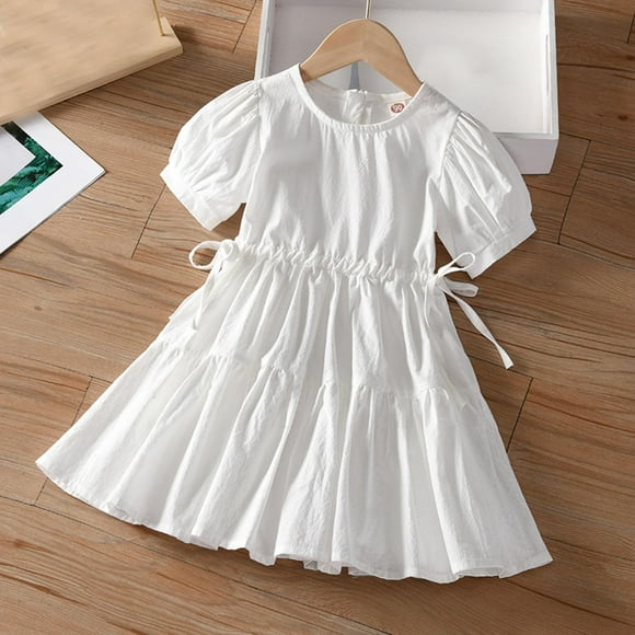 Sentmoon Girls' Dresses Comfy Round Neck Party Dress for Girls Loose Solid Color Breathable Summer Dresses Child for Vacation White 5 Years