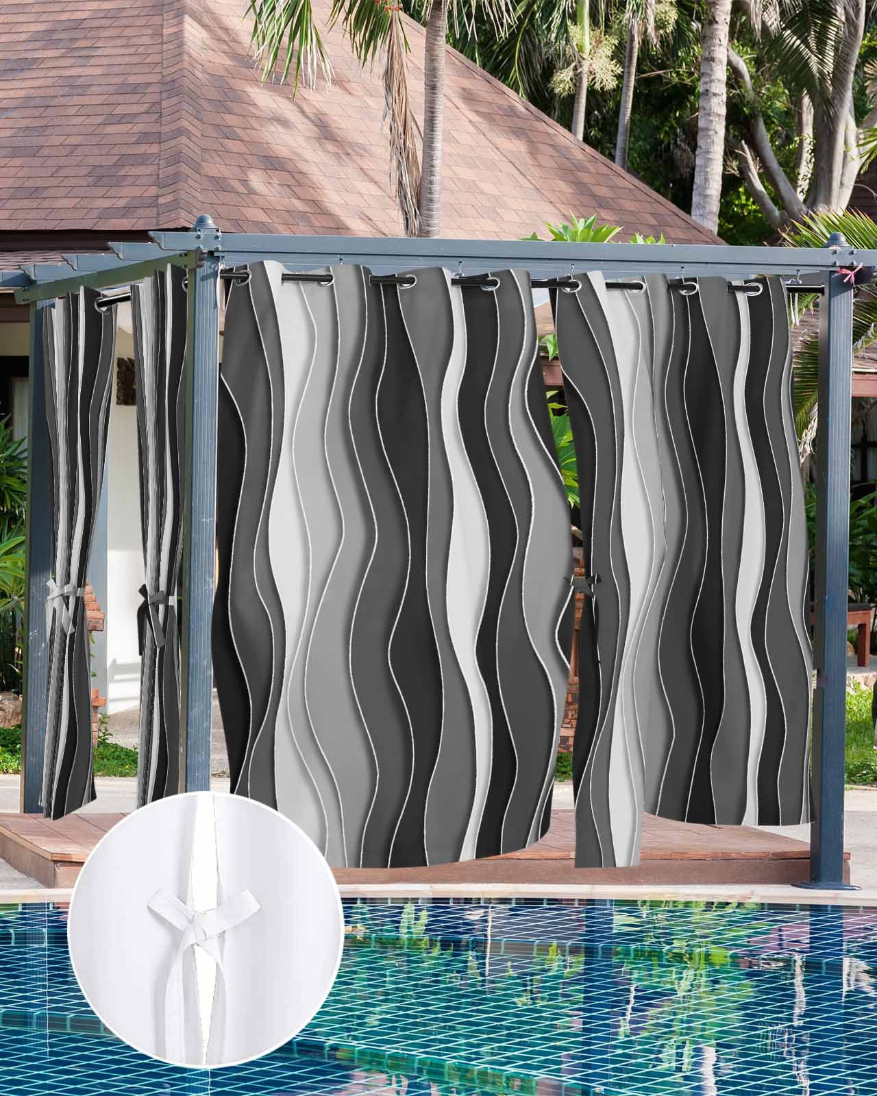 nqOlkjepod Outdoor Curtains for Patio Waterproof, Black Stripes Outdoor Privacy Panels Grommet, Modern Simple Greyish Gradient Lines Blackout Outside Curtains for Porch/Cabana 54"x84", 1 Panel