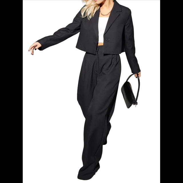 Conjuntos de 2 Piezas para Mujer: Blazer Elegante, Chaqueta, Pantalón Recto de Cintura Alta, Conjunto Informal de Negocios. Negro L