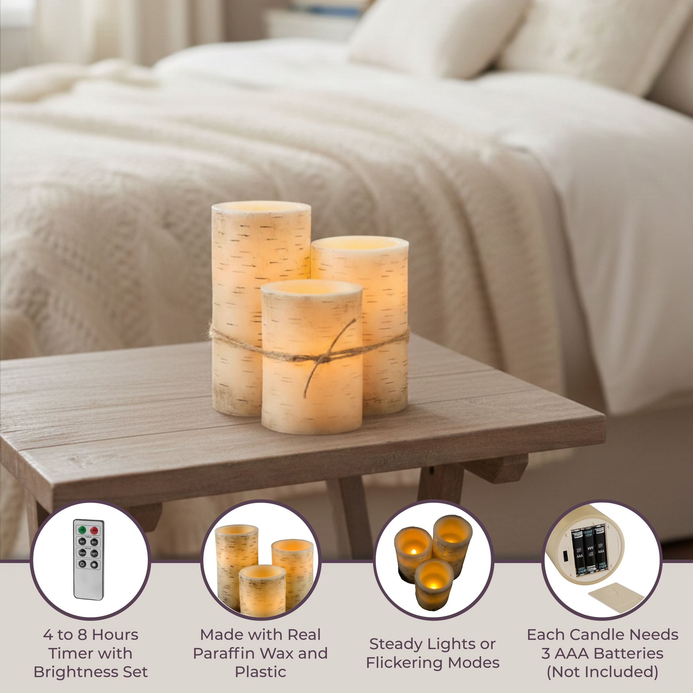 Lavish Home Set of 3 Birch Bark Flameless LED Pillar Candles with Remote Control and Timer