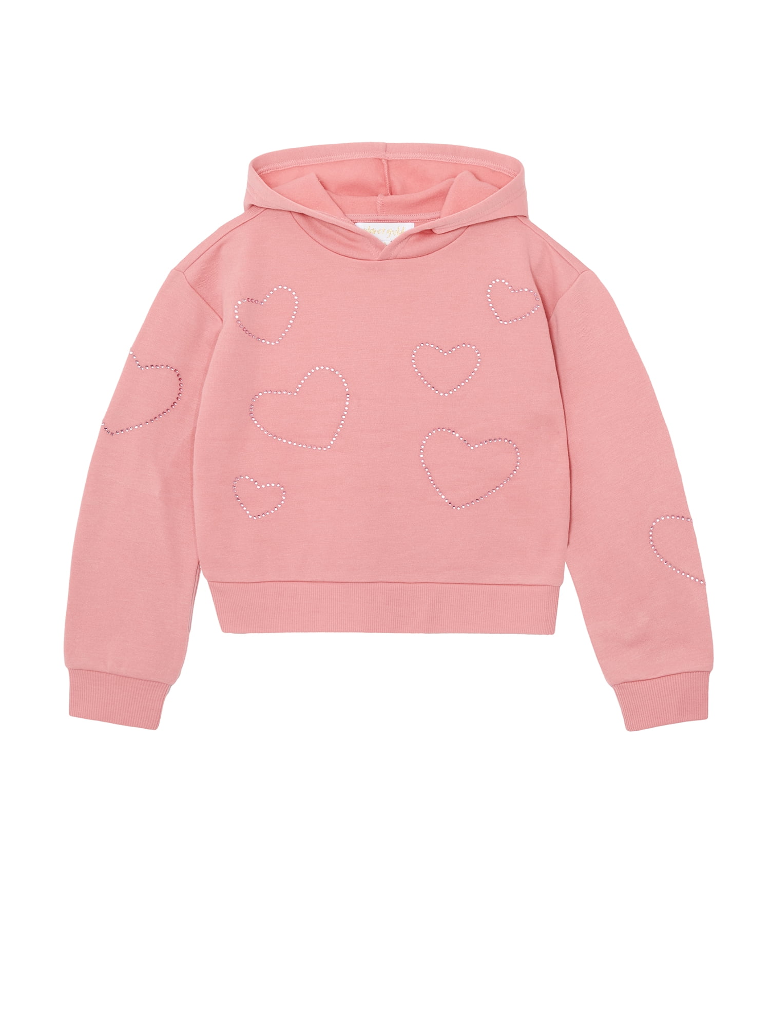 Planet Gold Girls' Rhinestone Heart Embellished Fleece Hoodie and Pant, 2-Piece Set, Sizes 4-18