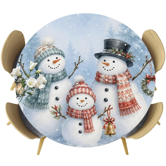 Round Fitted Tablecloth with Elastic Edge, Christmas Winter Snowman Family Fitted Table Cloth for Round Tables 55-60in, Christmas Wreath Waterproof Tablecloth for Outdoor Picnic Party
