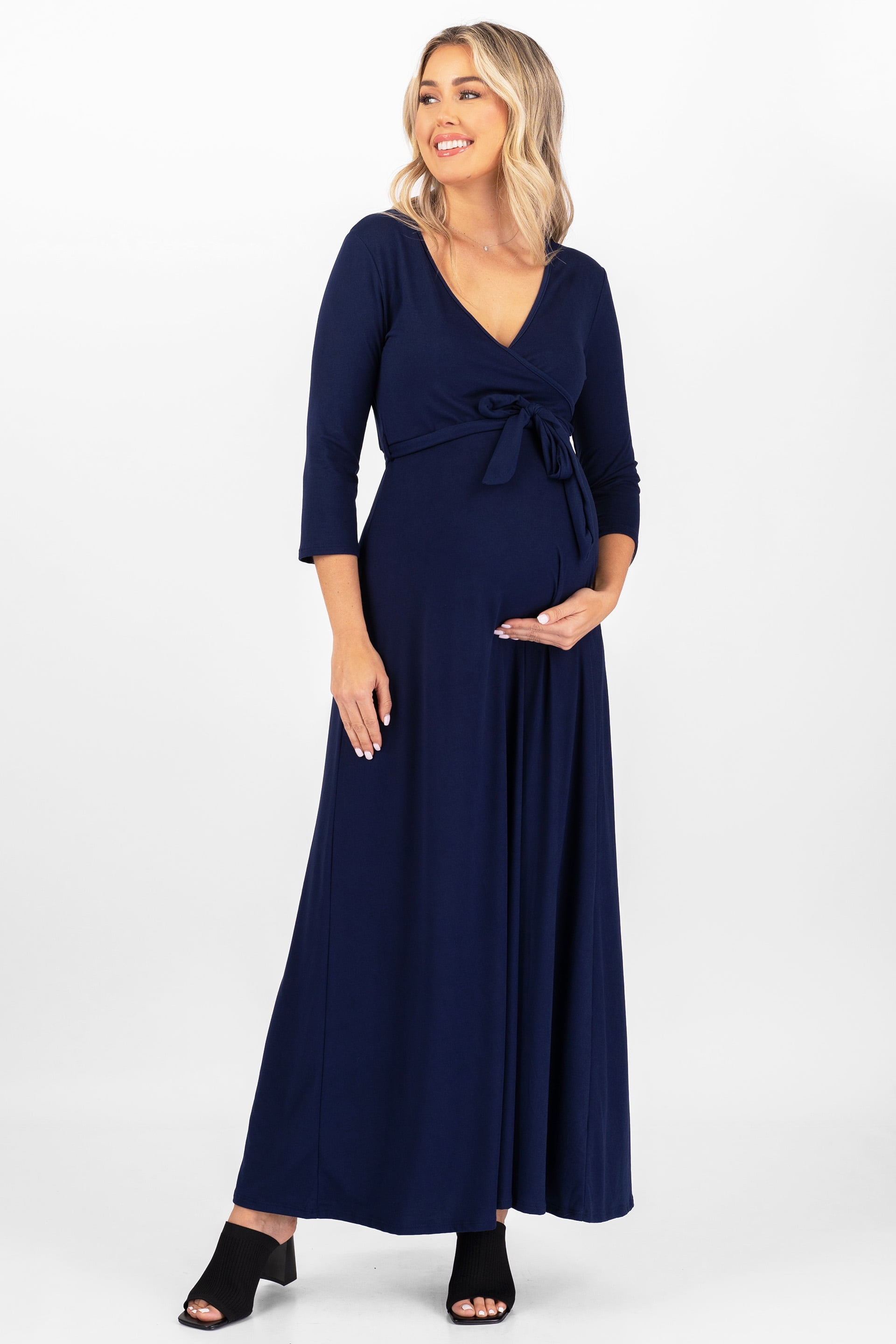 Maternity and Nursing Maxi Faux Wrap Dress with Adjustable Belt