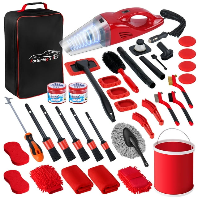 Kit de detalles para automóviles Fortuning's JDS de 37 piezas con aspiradora y balde