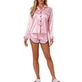 thumbnail image 2 of INSPIRE CHIC Women's Satin Pajamas Set Long Sleeve Button Down Top and Shorts 2 Piece Silky Pjs Set L Pink, 2 of 6