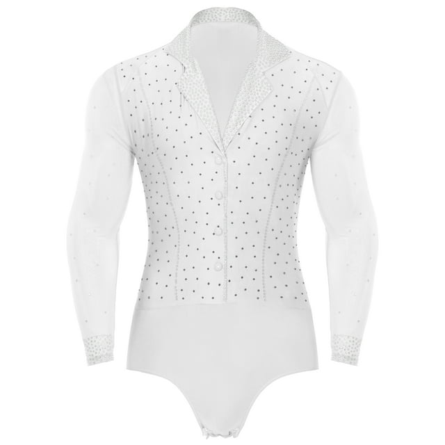 Jhaoyu Combinaison à Manches Longues Latin Tango Unitard Brillant avec Strass Col à Revers Blanc G