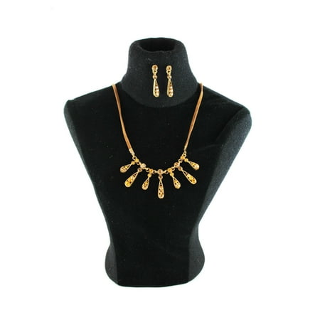 Gold Tone Rhinestone Leather Teardrop Charm Necklace and Earrings
