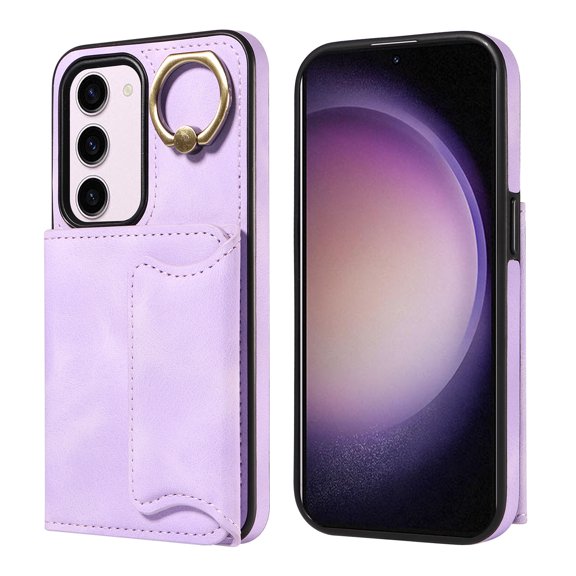 Case for Samsung Galaxy S23, PU Leather 3 Card Slots with Finger Ring Holder Shockproof Phone Case