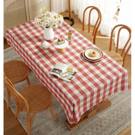 Jimin Red and White Checkered Tablecloth, Wrinkle Resistant Decorative Rectangle Table Cover, Dustproof Polyester Fabric Round Checkered Table Cover for Picnic, Party, Holiday (140x200cm)