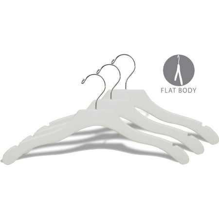 - White Wood Wavy Top Hanger, Box of 100 Space Saving 17 Inch Flat Wooden Hangers w/ Chrome Swivel Hook & Notches for Shirt Jacket or Dress by International Hanger