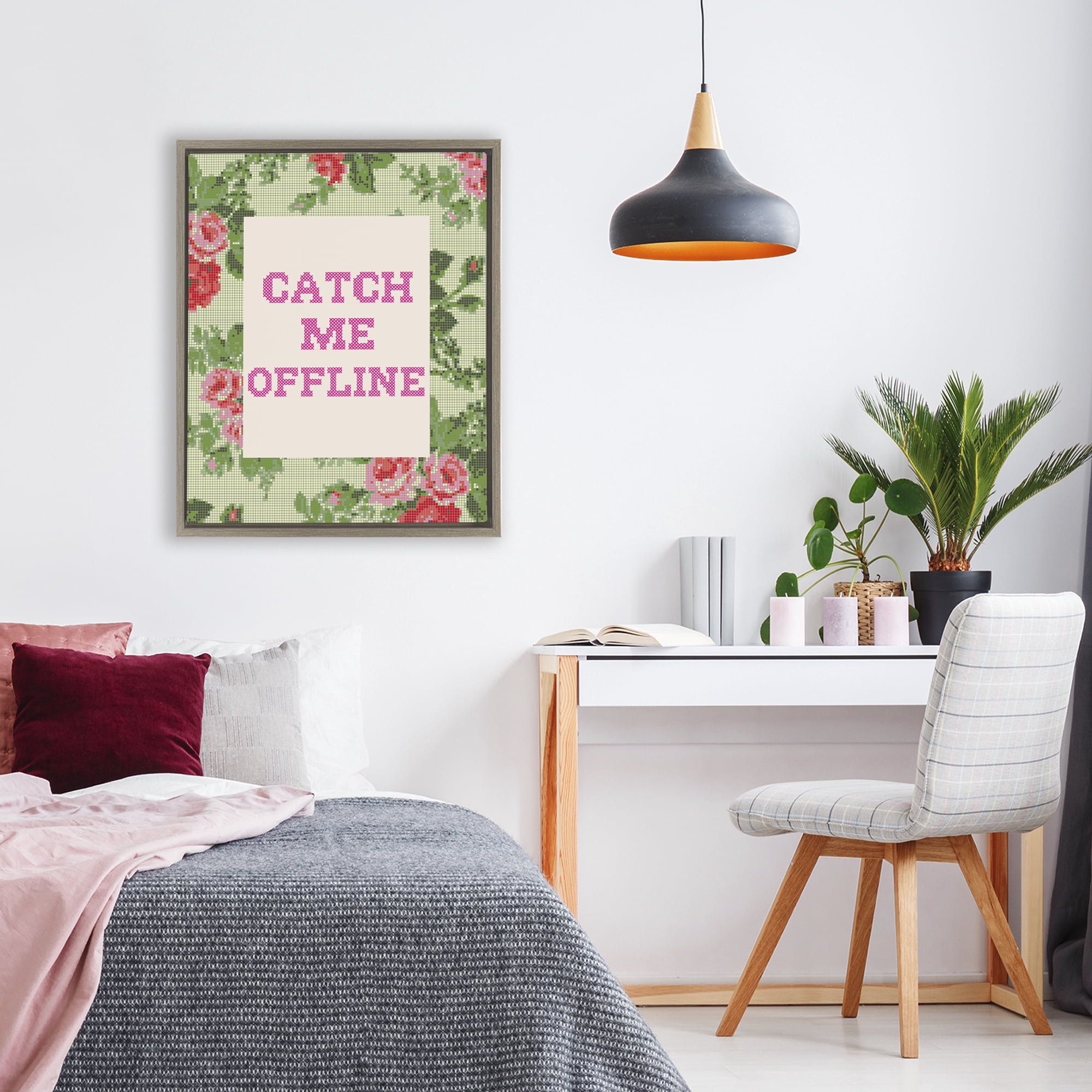 Stupell Industries Catch Me Offline Faux Cross Stitch Brown Framed Floater Canvas Wall Art, design by Lil' Rue