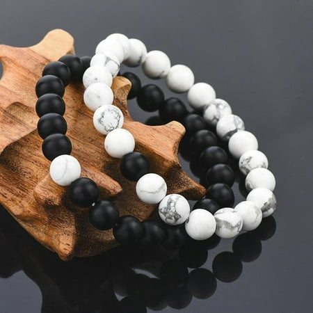 Lucite Bead Bracelet - ZeAofa 2Pcs Unisex Distance Bracelet Couple His Hers Black Matte Beads White Howlite