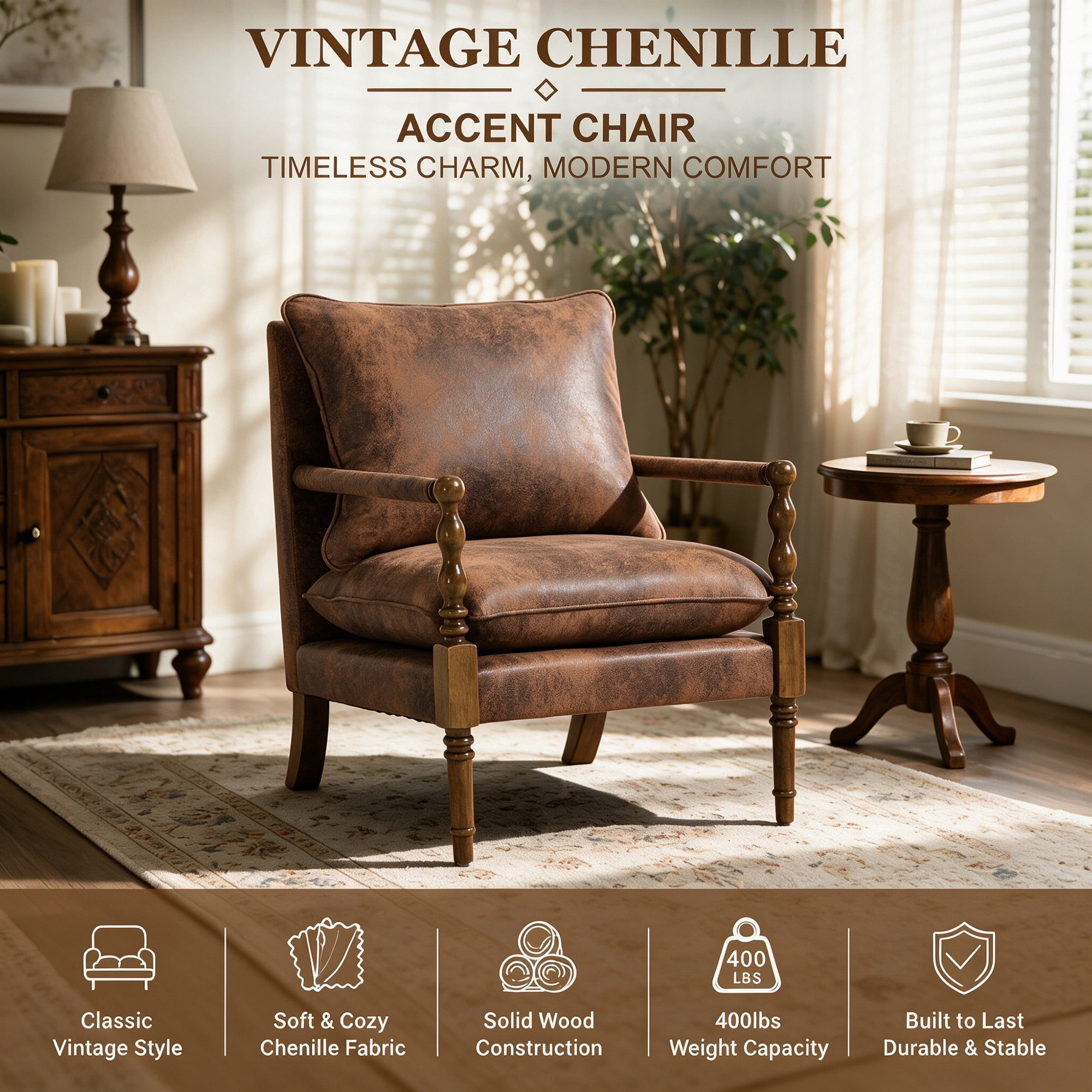 Mid-Century Vintage Spindle Armchair,Tech-Fabric Accent Chair with Cushion & Wood Frame for Living Room Bedroom Office,Coffee