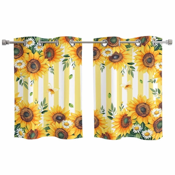 2 Panels Kitchen Tier Curtains 39 Inch Length, Yellow Sunflower Grommets Window Treatment Curtain, Spring Floral Striped Farmhouse Thermal Curtains Drapes for Living Room/Bathroom