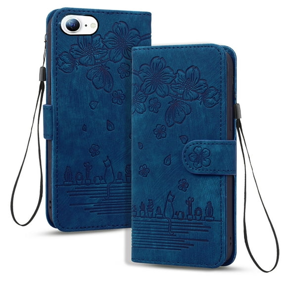 Dteck for iPhone 7 Case, PU Leather Embossed Comic Flip Wallet Case with Cart Slot Hand Strap and Kickstand Shockproof Protective Case for iPhone 7 4.7" 2016 Women Men, Blue