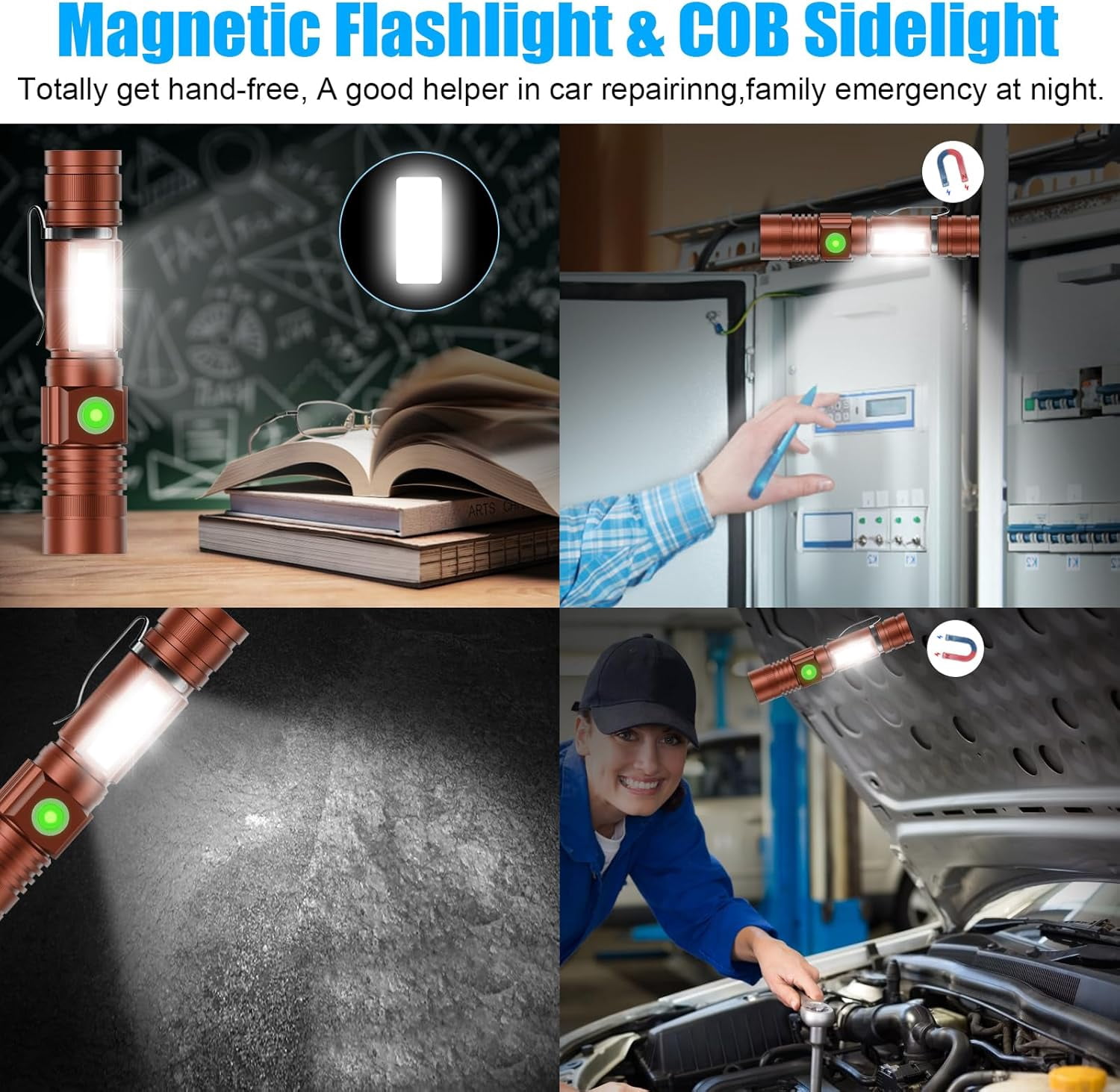 USB Rechargeable Magnetic LED Flashlight – Super Bright, Waterproof, Zoomable, with COB Side Light for Camping & Emergencies (Brown)