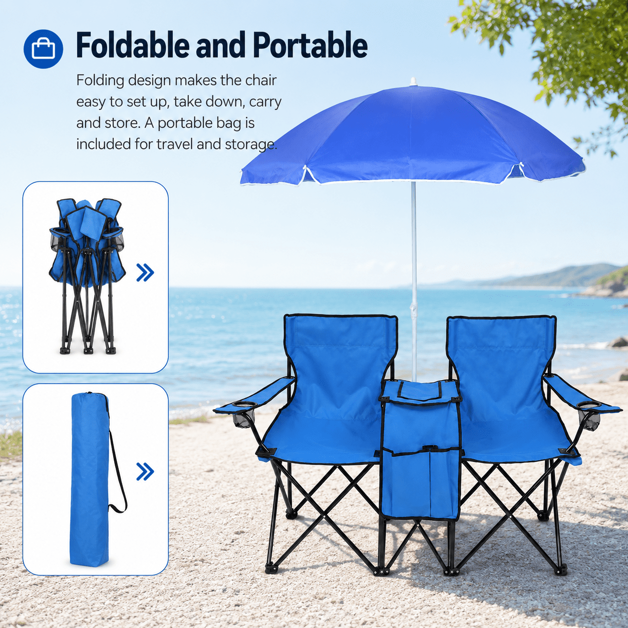 Alvantor 2-Seat Outdoor Folding Chair with Removable Sun Umbrella, Blue