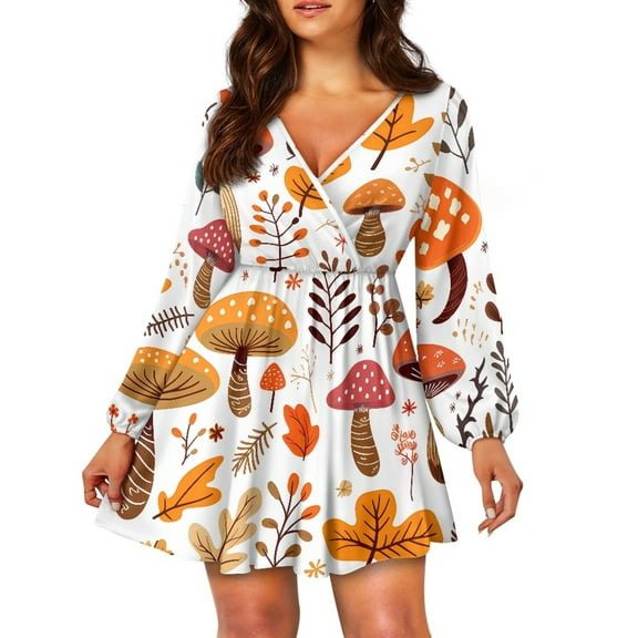 Yuyamidu Mushroom Women Long Sleeve Dresses Casual V-Neck Dress for Women Size S Maple Leaves Flowy Swing Dresses Fall Winter A Line Dress, Thanksgiving