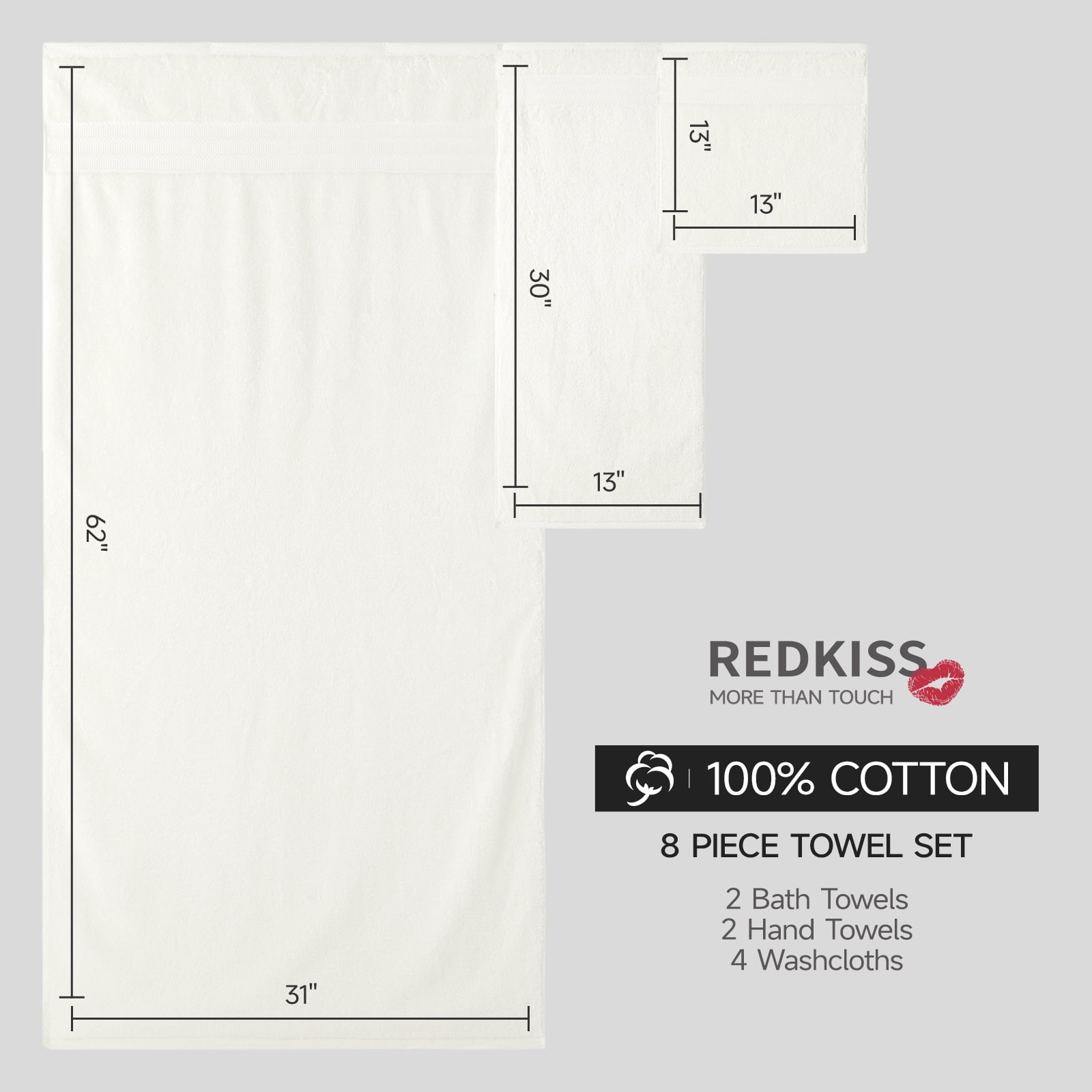 REDKISS 8-Piece 100% Cotton Towel Set, 600GSM Luxury White Bath Towels. Quick Dry Hand Towels & Washcloths
