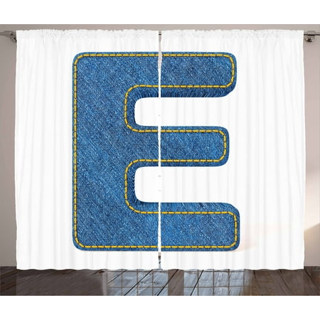 Letter E Curtains 2 Panels Set, Denim Blue Jeans Themed Symbol E from Alphabet ABC of Fabric Uppercase Letter, Window Drapes for Living Room Bedroom, 108W X 108L Inches, Blue Yellow, by