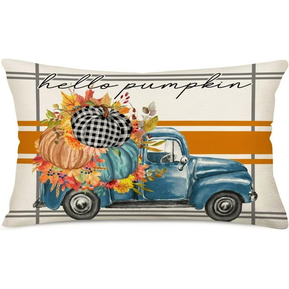 Hello Pumpkin Pillow Shams 12x20 Inch Blue Truck with Pumpkins Autumn Maple Leaves Throw Waist Pillow Cases Fall Harvest Thanksgiving Day Decorations Cushion Cover for Sofa Couch