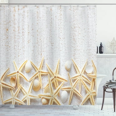Ambesonne White Shower Curtain, Sea Shells on Timber, 69"Wx70"L, Pearl Ivory