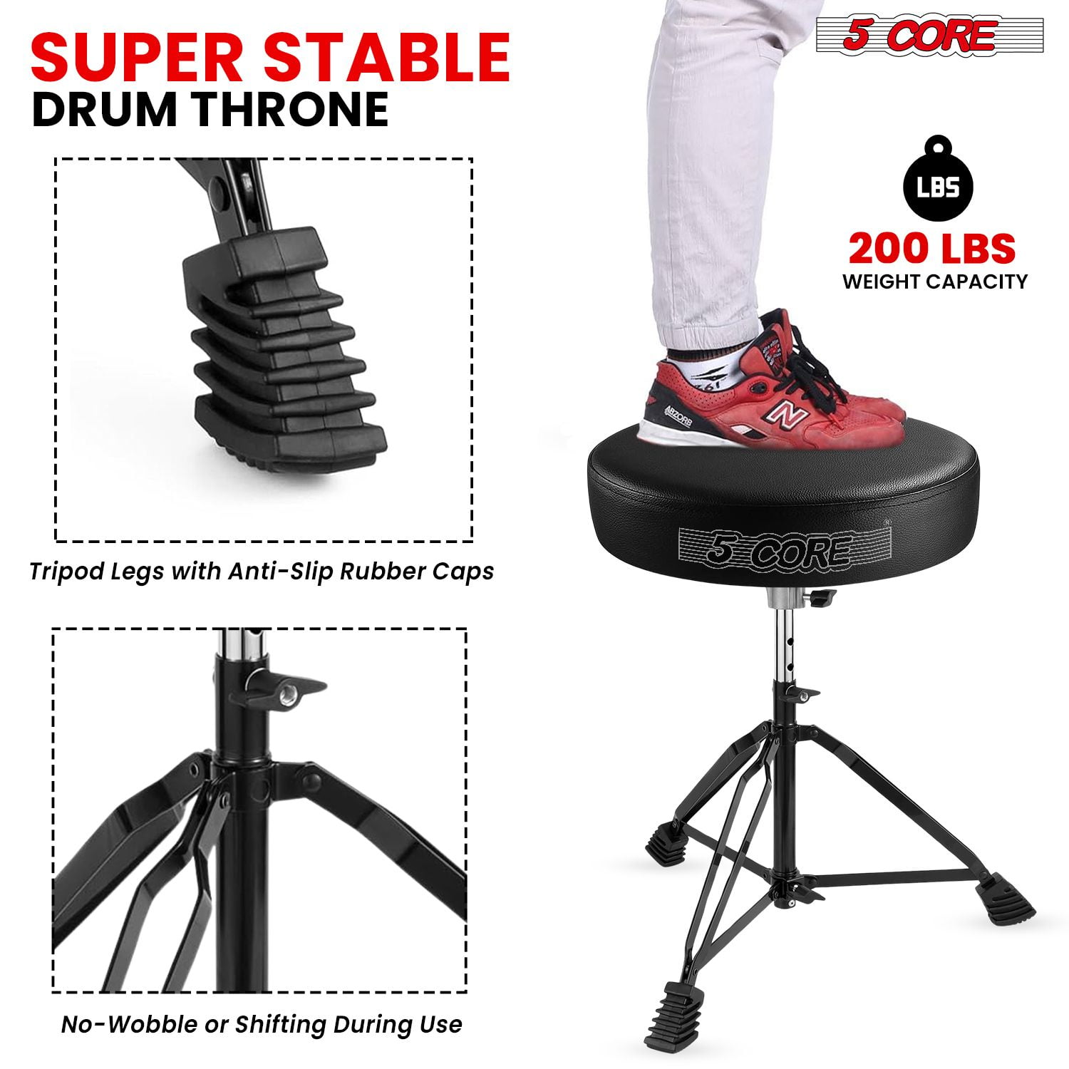 Drum Throne 3 Inch Thick Padded Comfortable Guitar Stool Double Braced Drummer Chair Height Adjustable Musician Seat For Adults And Kids Black - DS BLKCH BLK
