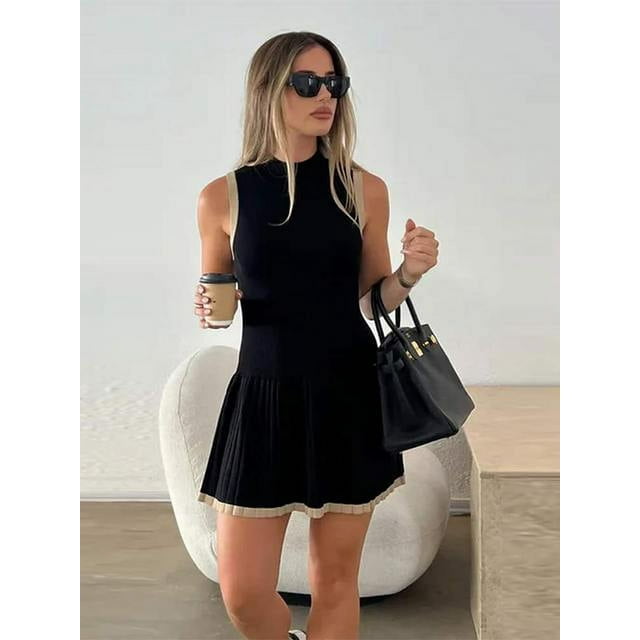 JUNWELL Été Femmes Plissée Patchwork Golf Robe Tricotée Mini 2024 Femme Contraste Col Rond Sans Manches Sport Vestidos Femme Robes Ajustées