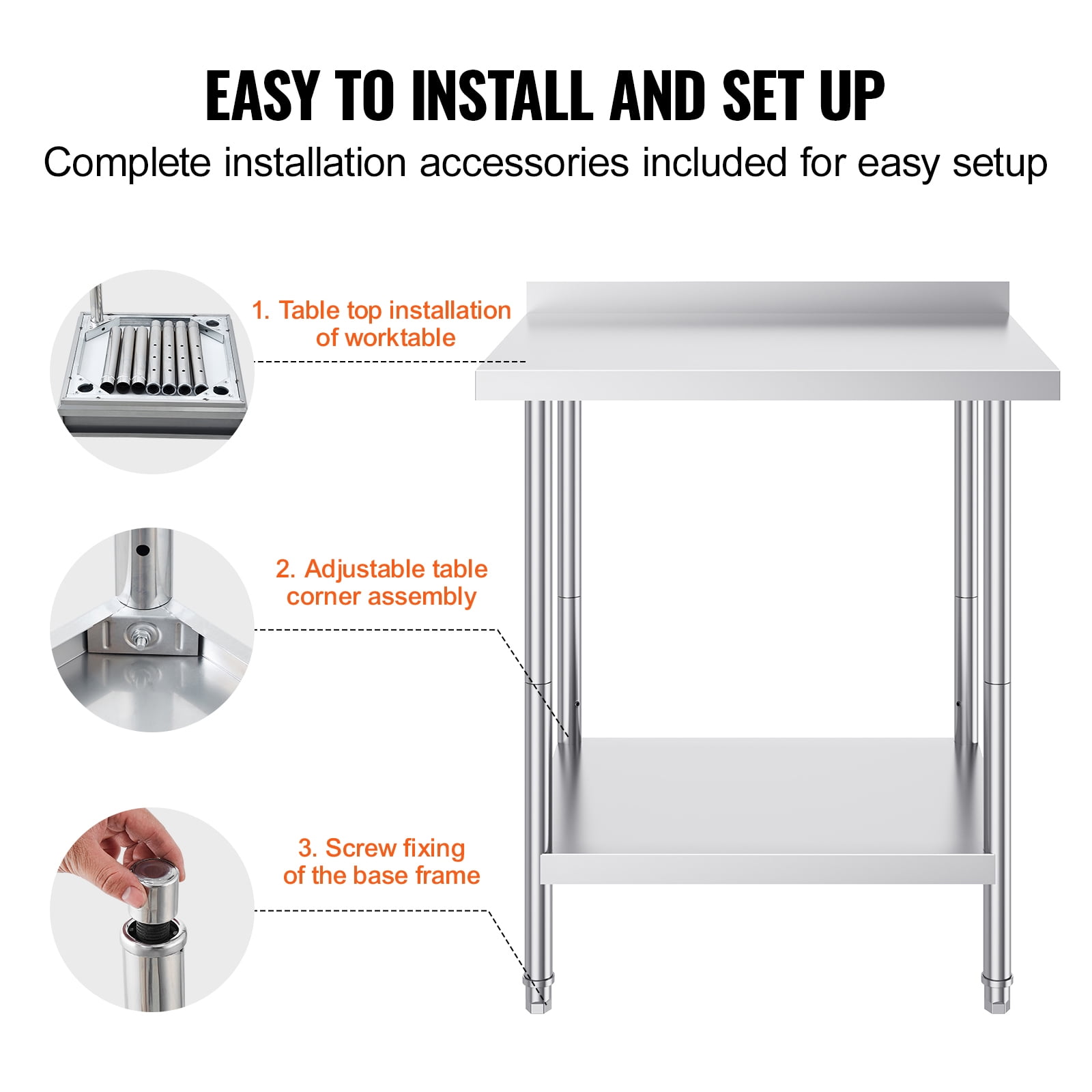 KFFKFF 30" x 24'' Stainless Steel Work Table, Commercial Work Table with Backsplash, Adjustable Height, Ideal for Food Preparation in Restaurants, Homes, and Hotel