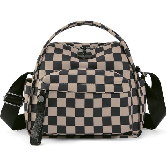 Checkered Nylon Crossbody Bags for Women Soft Handbag with Top Handle Casual Bag Checkered Square Purse