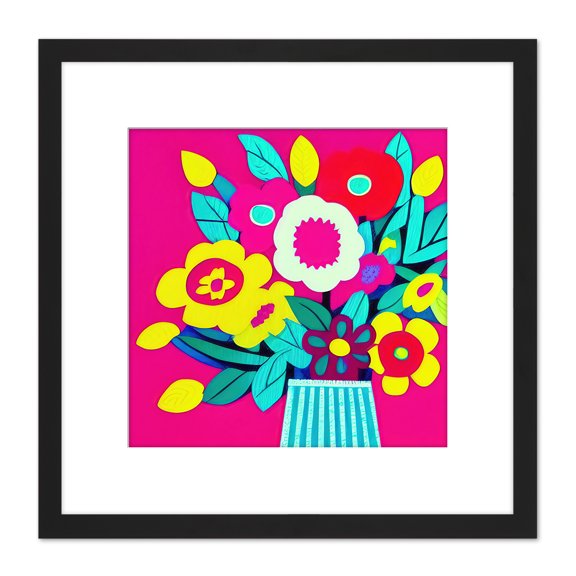 Bold Bright Bouquet Of Flowers In Striped Vase Hot Pink Square Wooden Framed Wall Art Print Picture 8X8 Inch