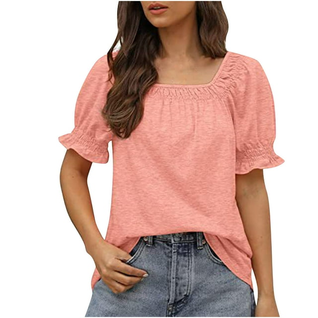 Womens Casual Solid Color Square Neck Short Sleeve Tops Blouses