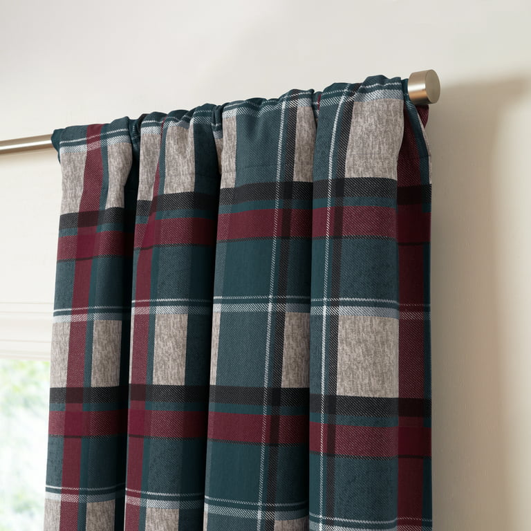 Gap Home Lined Brushed Organic Cotton Rod Pocket Heathered Plaid Room Darkening Window Curtain Pair Teal/Berry 84, Size: 48 x 84