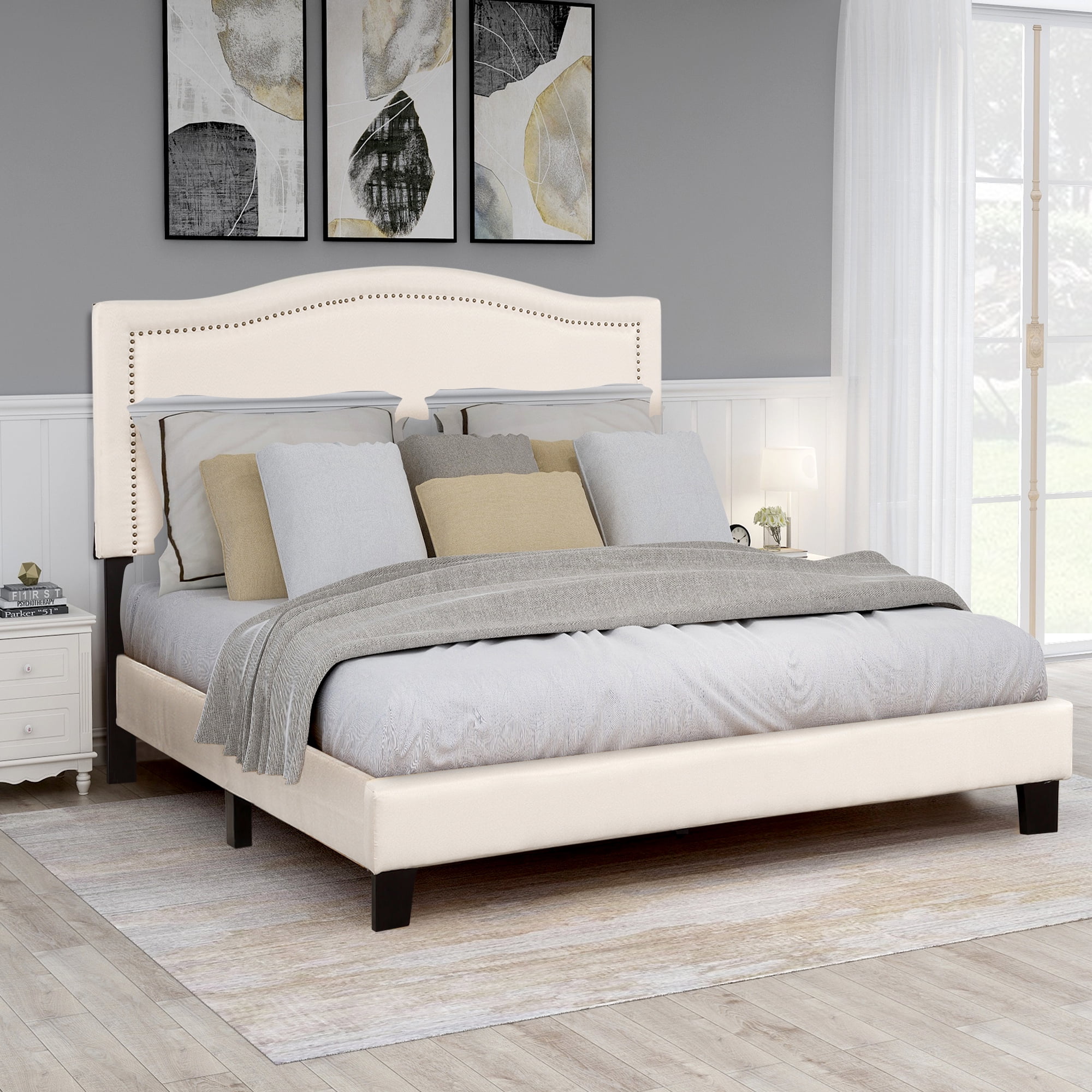 Bed Frame Queen Platform Bed, Grey Linen Cloth Light 