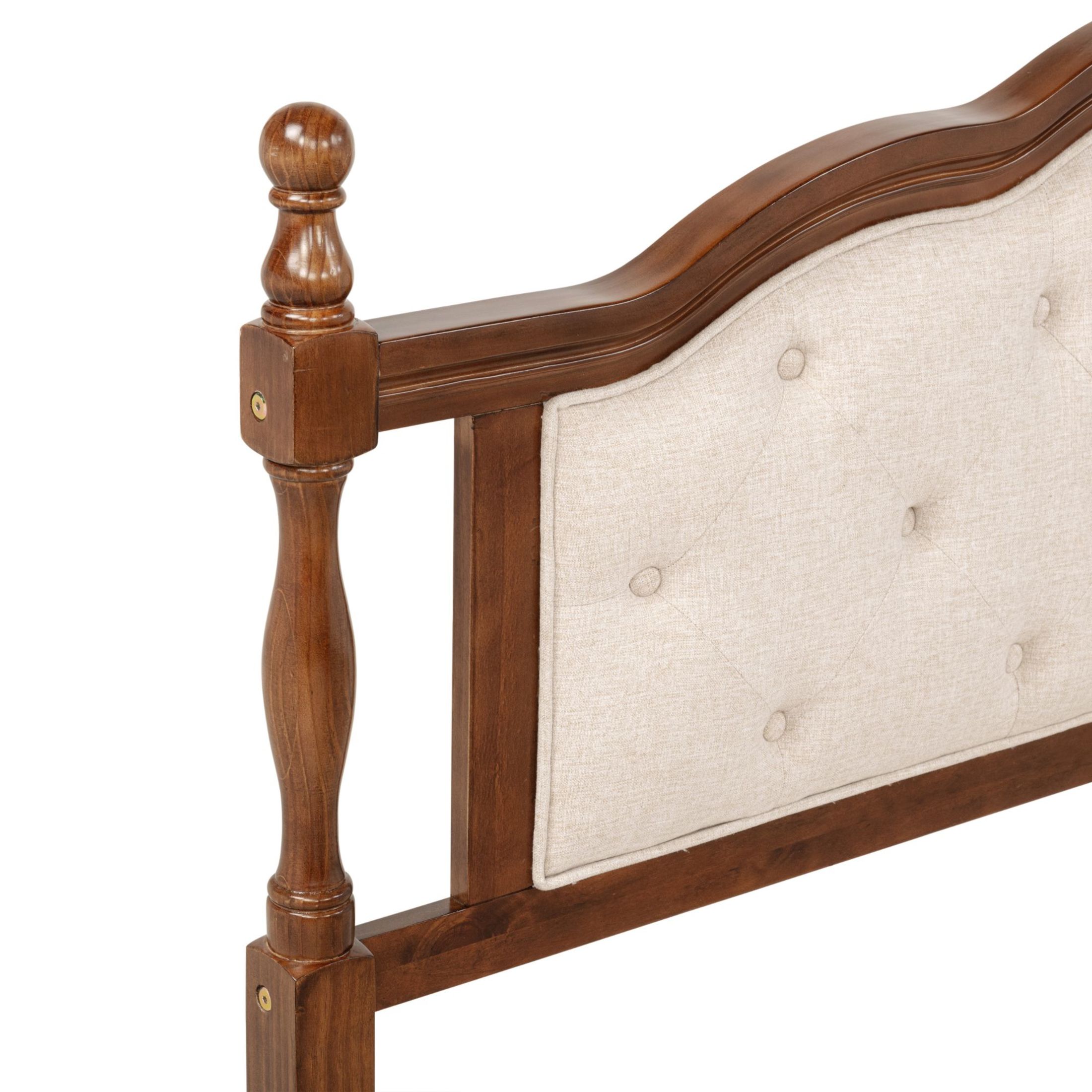 Noble House Japal Queen Bed with Upholstered Headboard, Pine Wood Frame with Central Support, Walnut