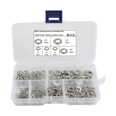 Kuntesetty 250 Pieces 304 Stainless Steel Lock Washers Assortment Splited Lock Washers with