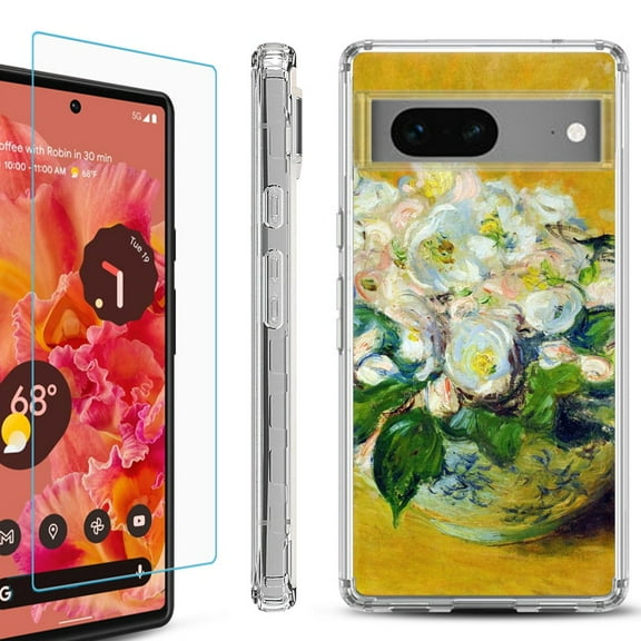 OneToughShield ® for Google Pixel 7a Shockproof Bumper Phone Case, with Tempered Glass Screen Protector - Roses