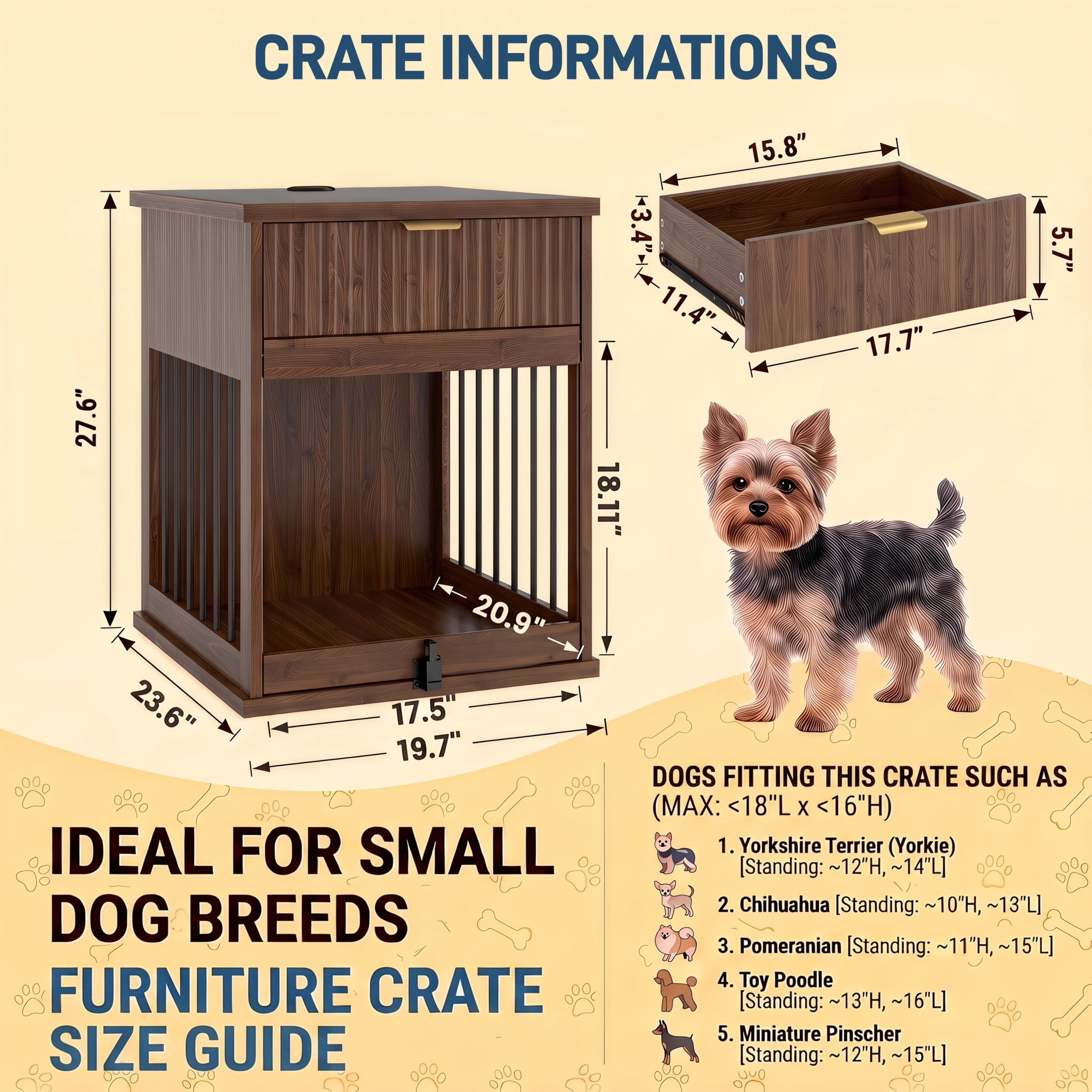 Noble House Wooden Dog Crate End Table with Charging Station & Glass Door, Pet Station Side Table, Antique Brown