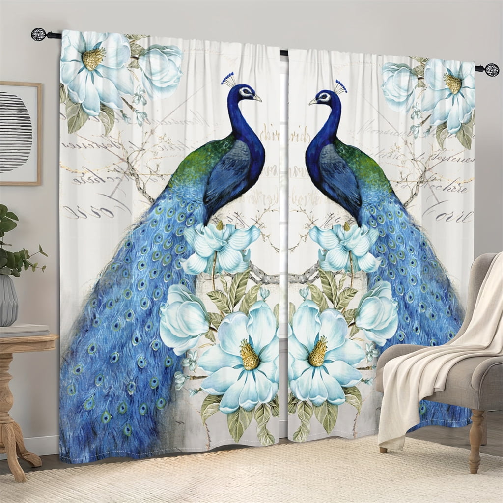 WNOOHIY Luxurious Vintage Blue Peacock Printed Window Curtains for Enhanced Privacy,Set of 2 Panels