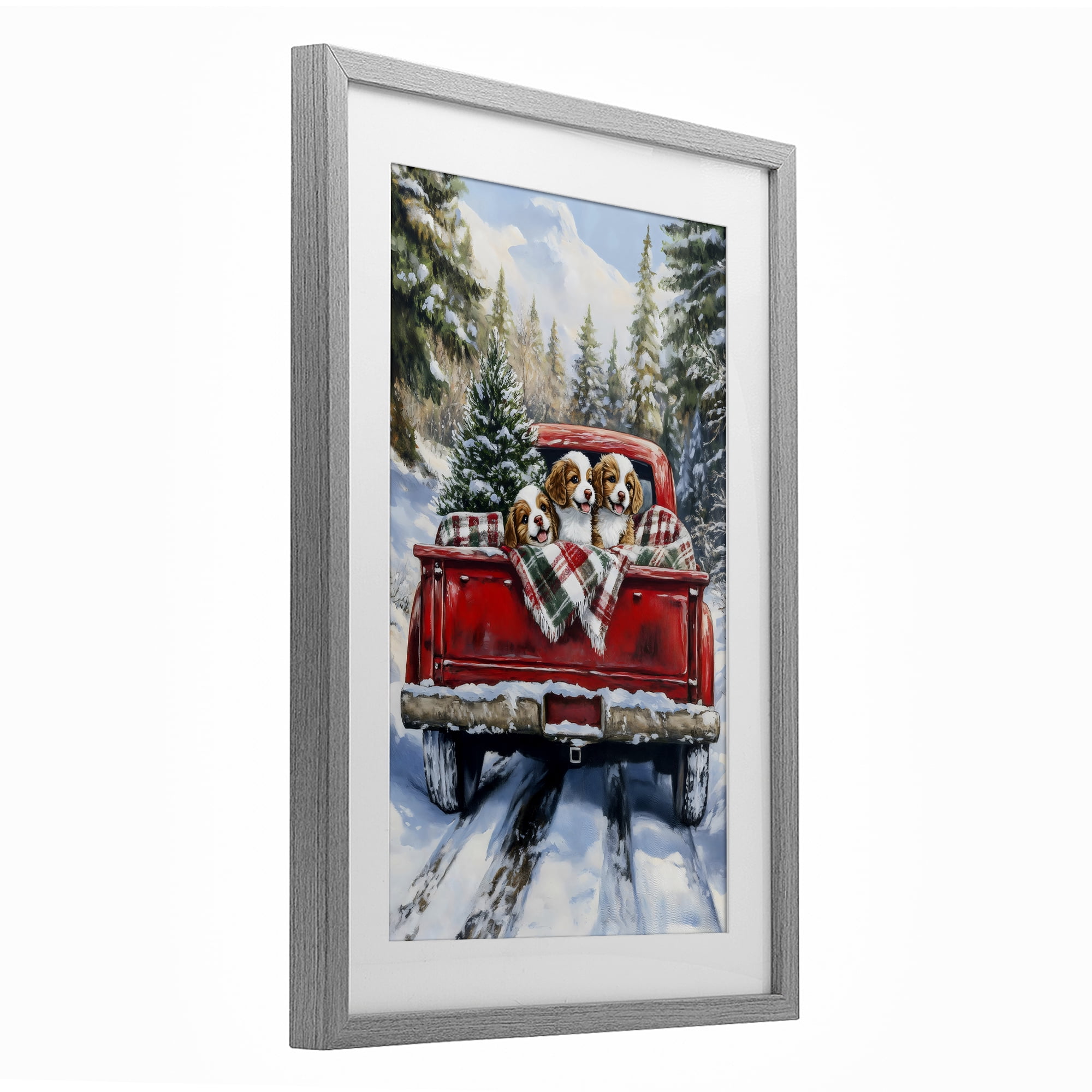 Christmas Truck Pups Trio Gray Framed Print Under Glass, design by Petal Prints Design