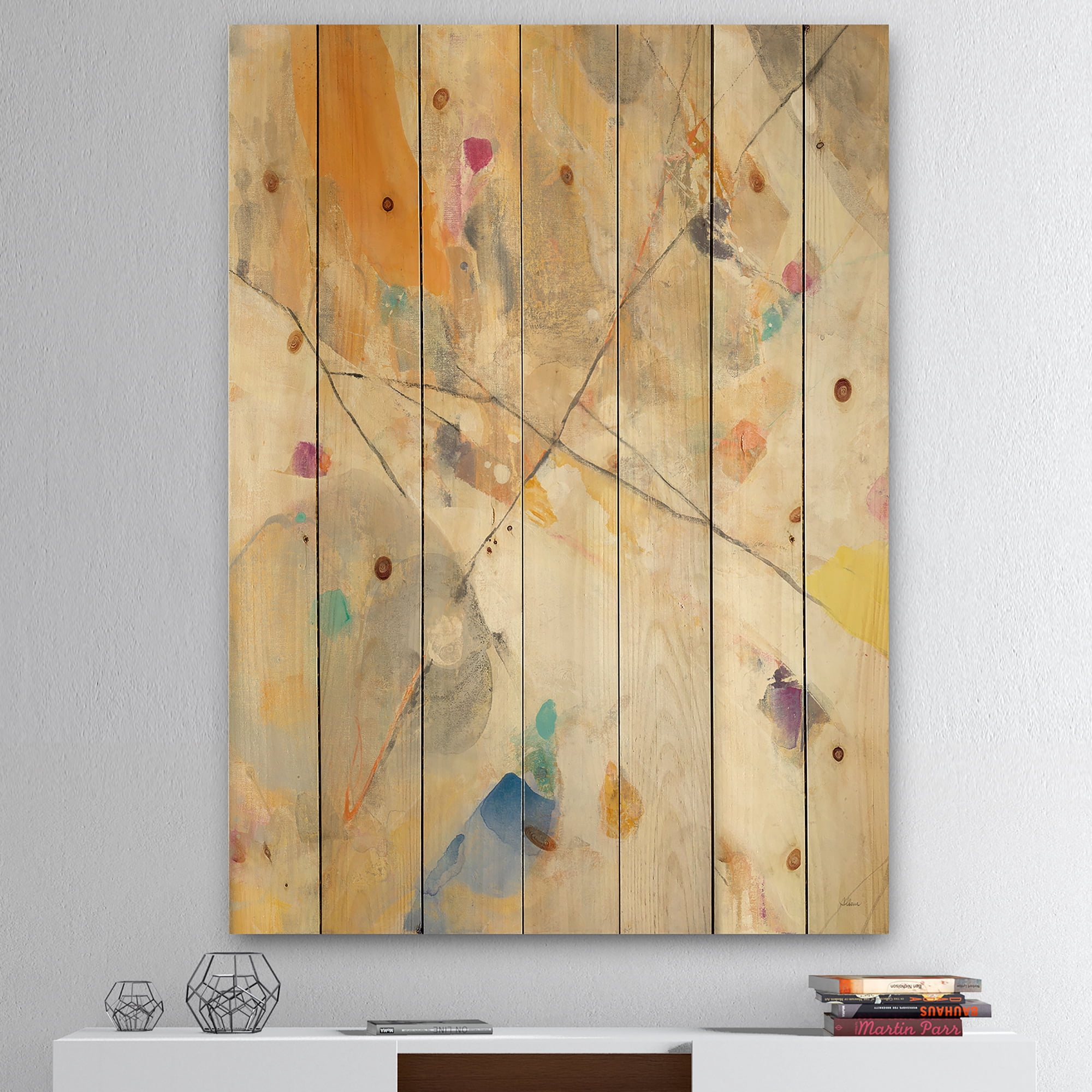 Designart 'Minimalist Spring Confetti II' Modern & Contemporary Print on Natural Pine Wood