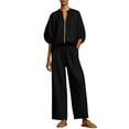 thumbnail image 2 of Xunmmm Women's Cotton Linen Two Piece Set Loose Fit Half Sleeve Zipper Shirt and Wide Leg Pant Casual Summer 2 Piece Set for Women Linen Pants Set Outerwear, 2 of 5