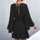 thumbnail image 3 of Vestido de cintura con manga de murciélago, cuello en V, espalda hueca, cintura fruncida, vestido de cintura de verano transpirable para mujer, 3 of 5