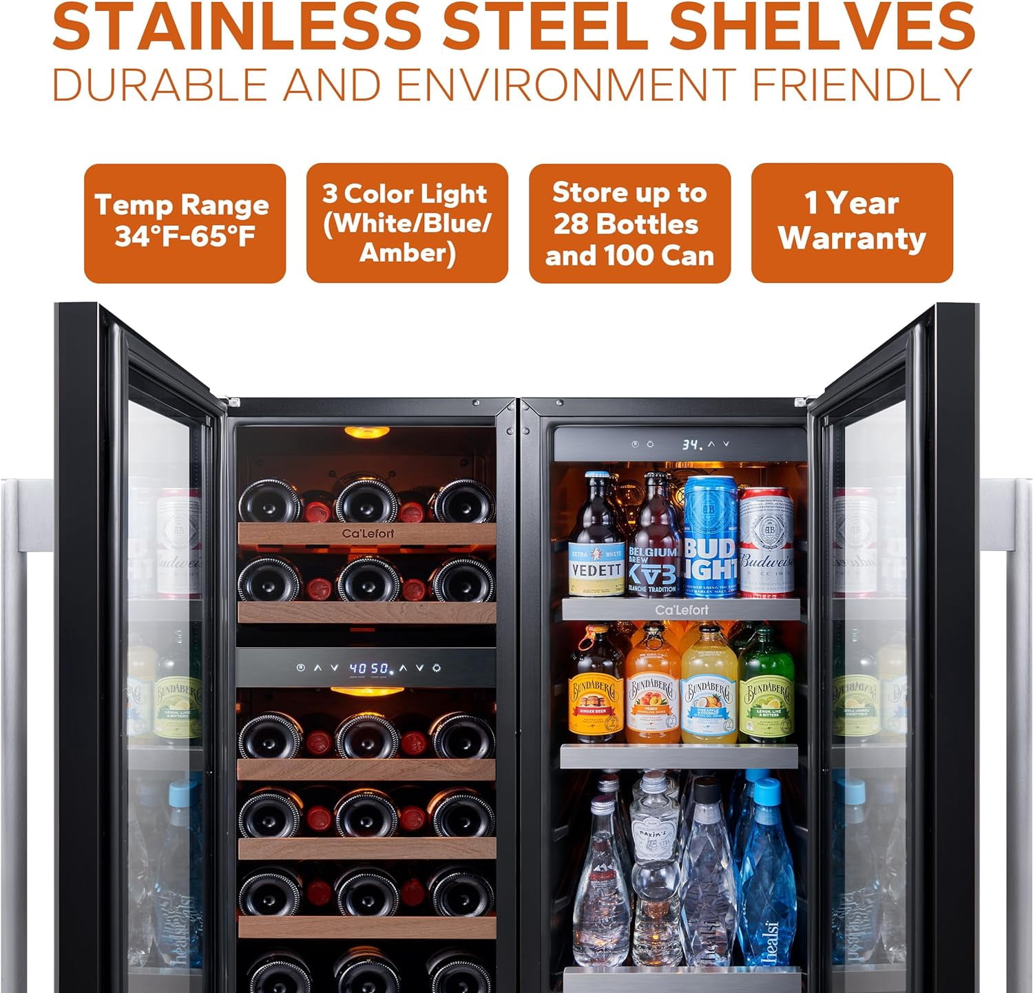 Ca'Lefort 30" Wine and Beverage Refrigerator, 28 Bottles Dual Zone Wine Fridge and 100 Cans Beverage Fridge Cooler with Stainless Steel  Door Framed