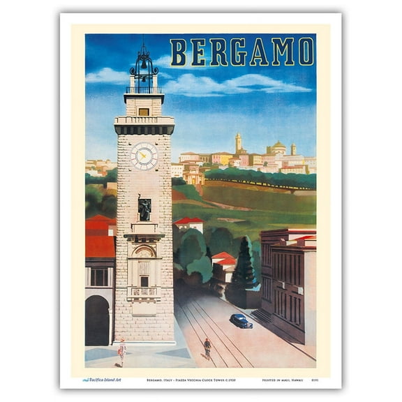 Bergamo Italy - Piazza Vecchia Clock Tower - Vintage Travel Poster c.1938 - Master Art Print (Unframed) 9in x 12in